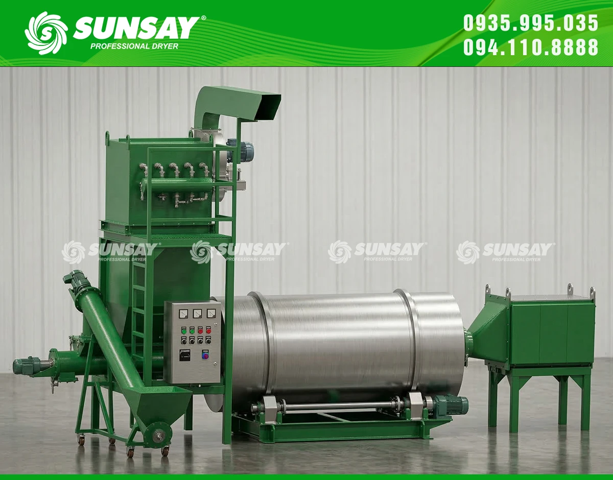 Hệ thống sấy thùng quay theo mẻ tiện lợi