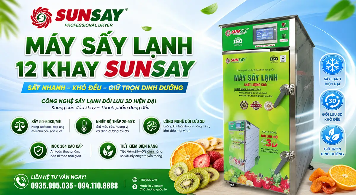 Máy sấy lạnh đối lưu 12 khay HMI sấy thực phẩm, nông sản và các loại thủy hải sản nhanh chóng, tiện lợi