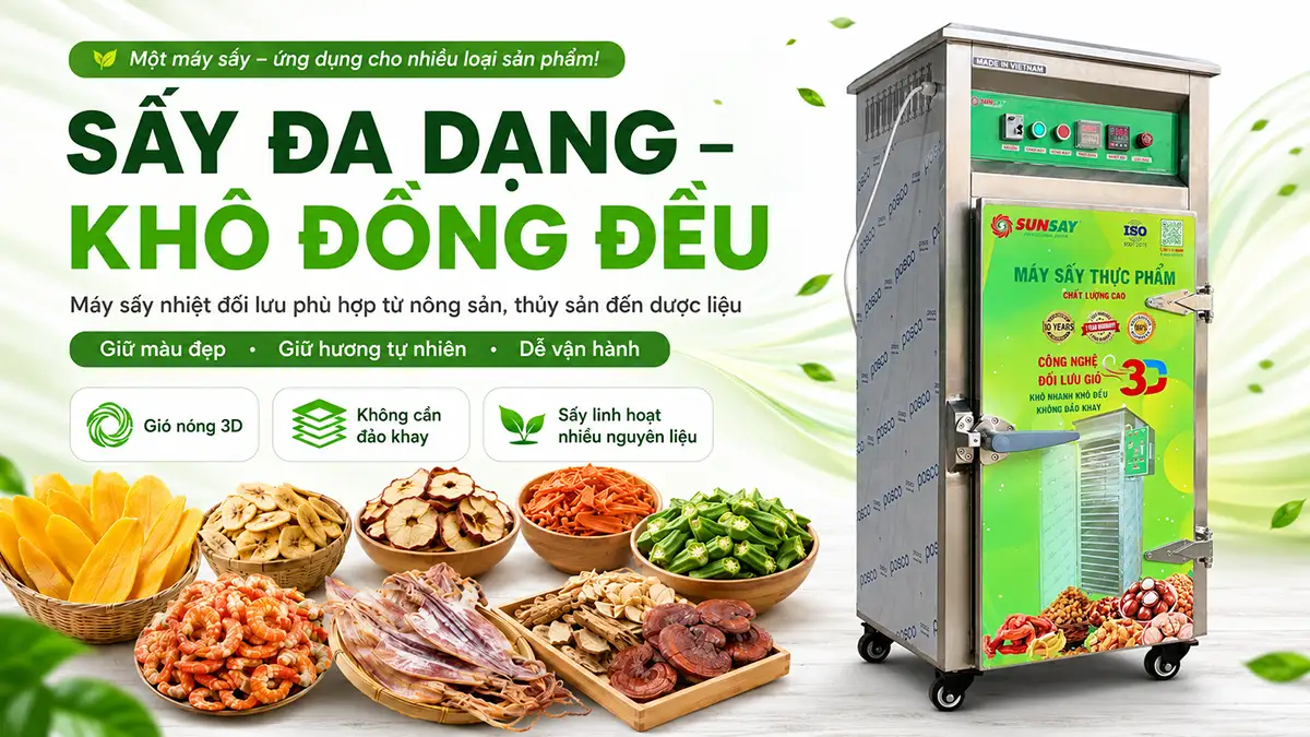 Máy sấy nhiệt đối lưu phù hợp mọi loại sản phẩm: từ nông sản, thủy sản đến dược liệu